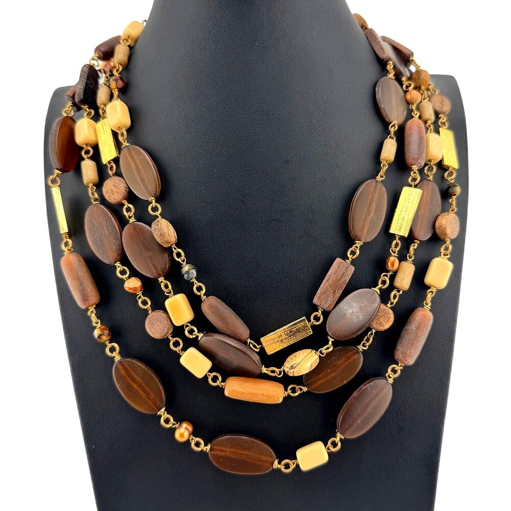Vintage Tanner Boho MCM Earth Tone Beads Layered Gold Tone 20" Necklace